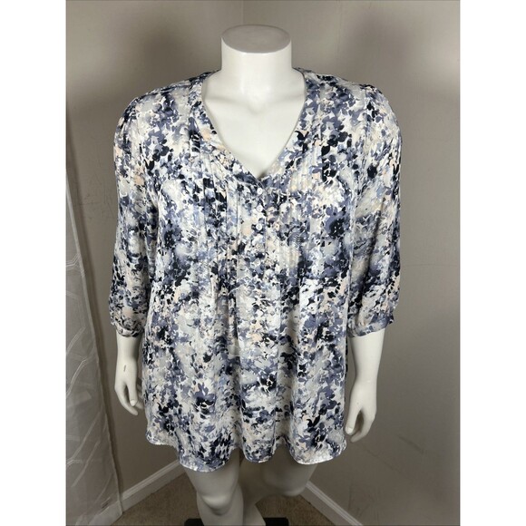 Tops - Rose Olive Blouse 2X Blue Abstract Floral Classic Casual Workwear Office Career